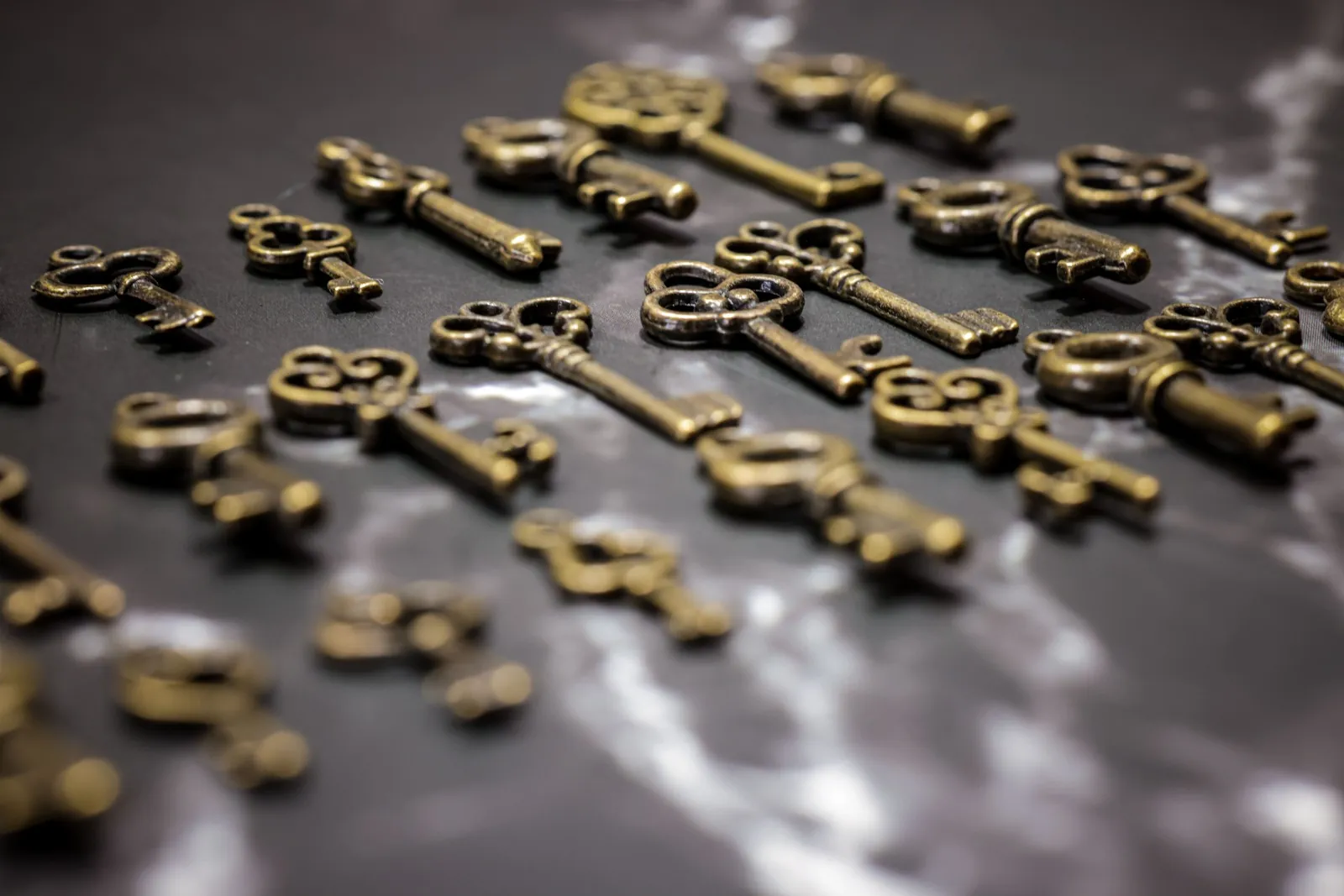 Rows of antique brass skeleton keys