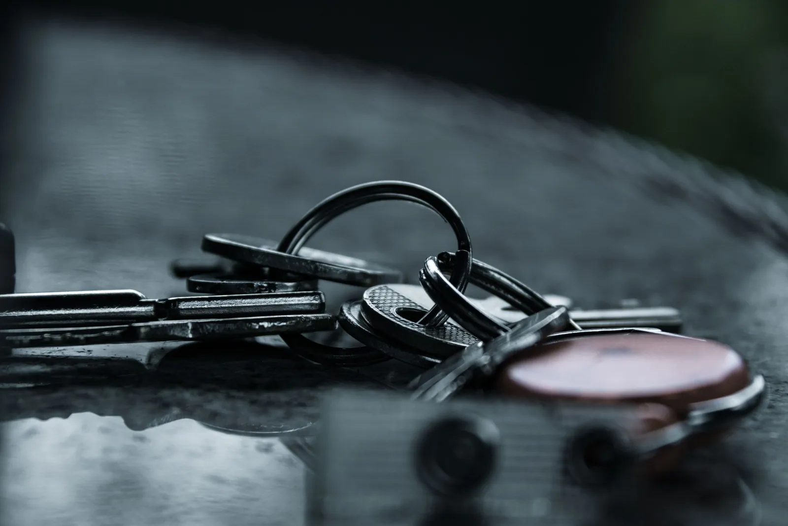 A ring of car and house keys resting on a wet car roof