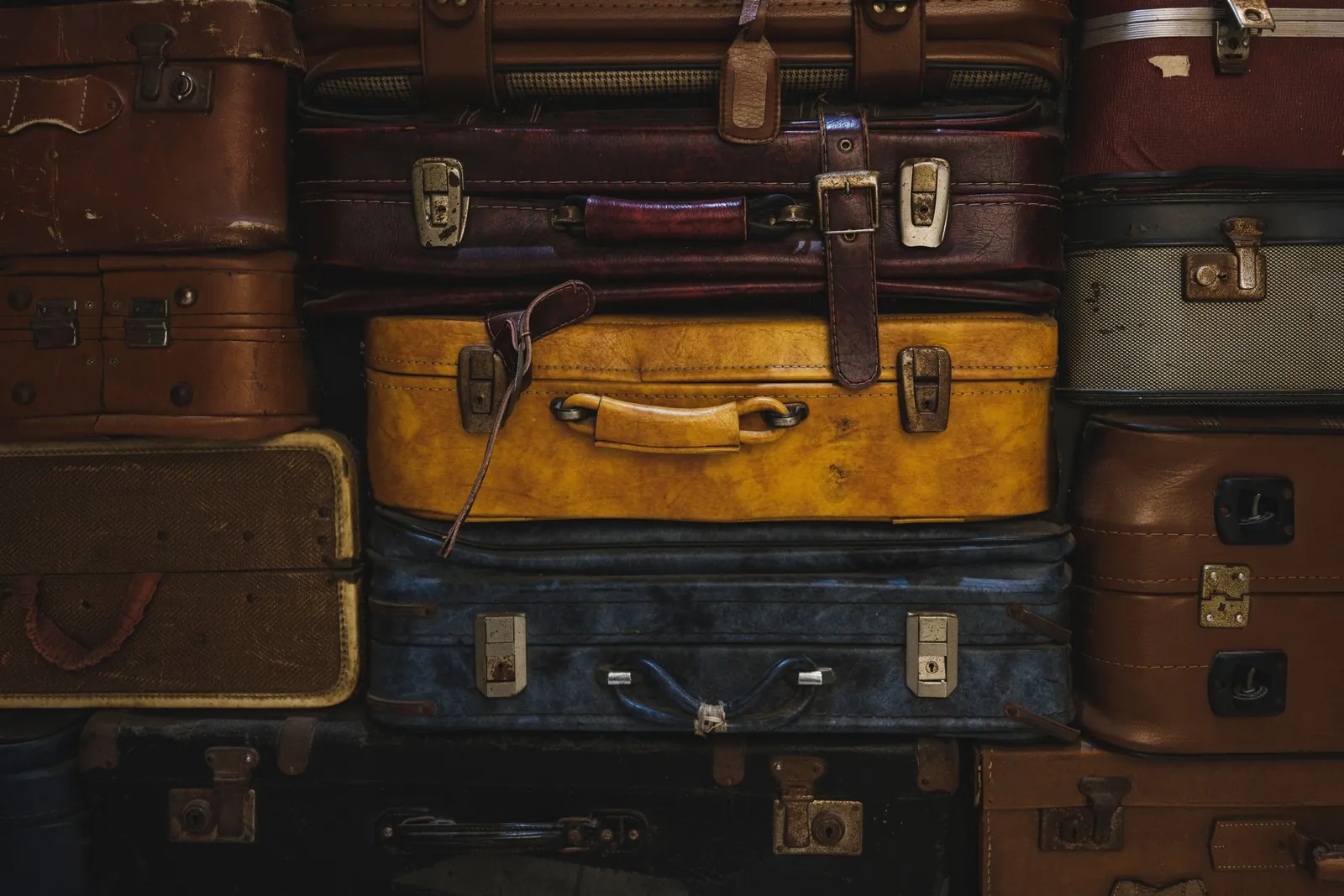 Stack of old leather suitcases