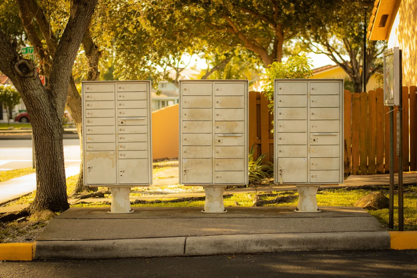 Outdoor cluster mailbox units on a residential street