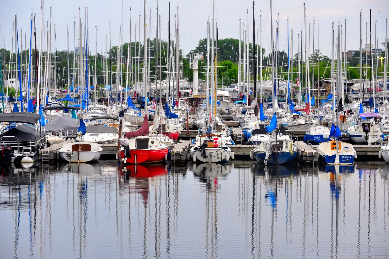 Sailboats moored at a marina on calm water