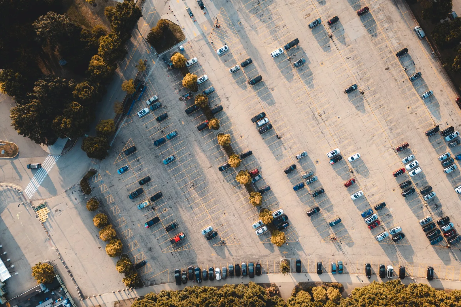 Aerial view of a large parking lot lined with trees