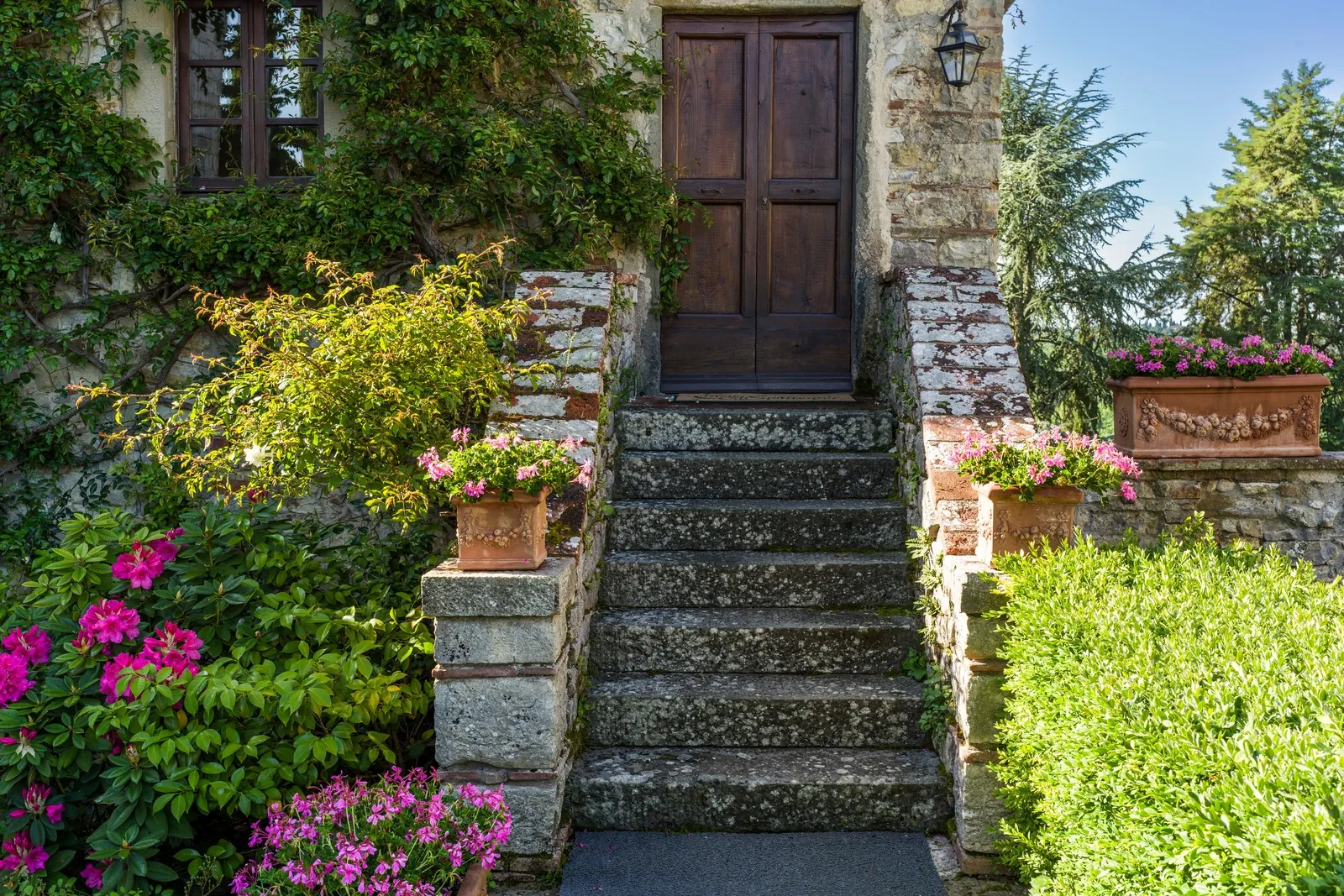 Stone steps and flowering plants leading to a wooden front door