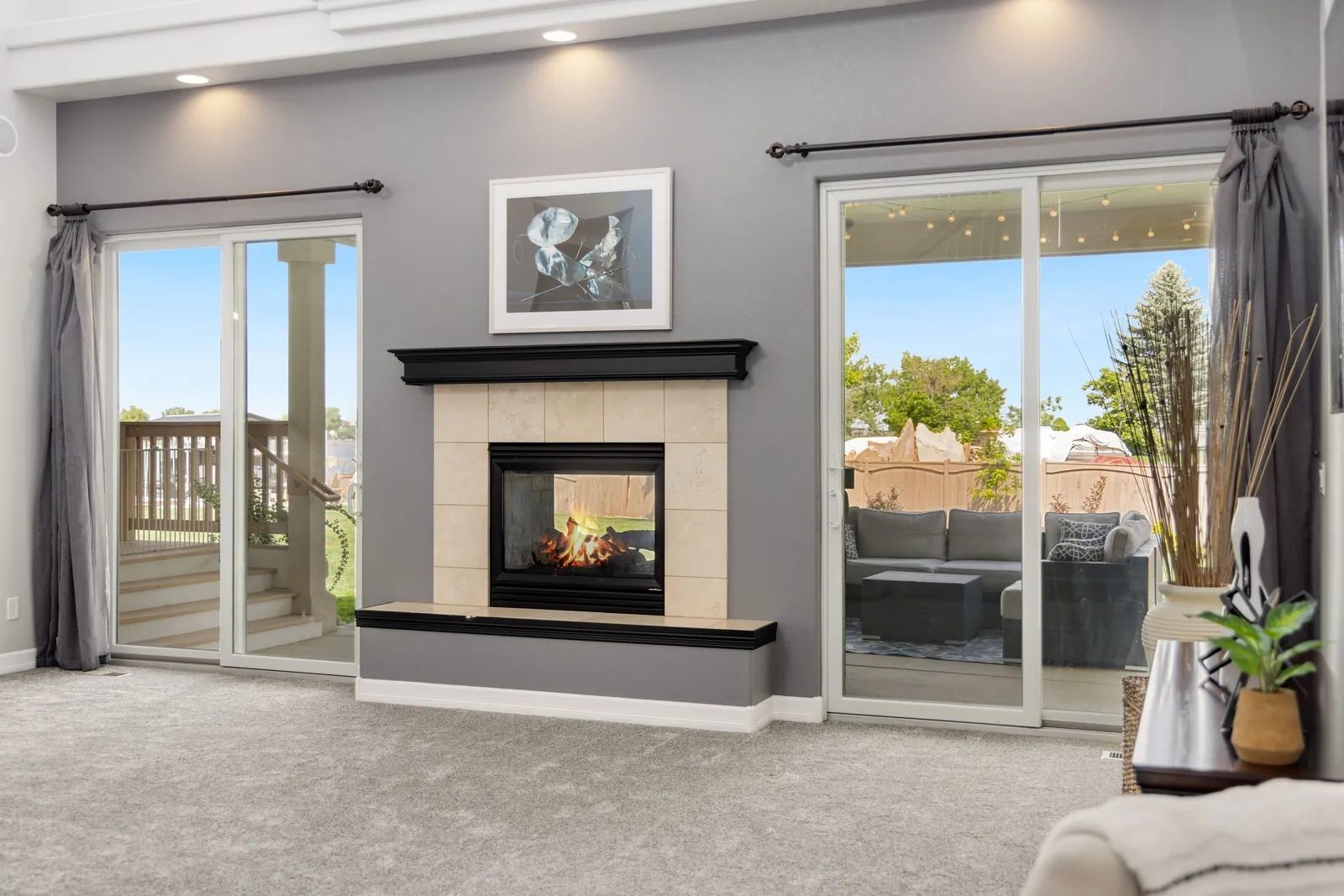 Living room with sliding glass doors opening to a deck